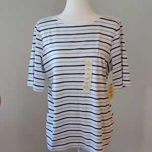 NWT St. John's Bay Women's Boatneck Cotton Top White Blue Stripes size XL